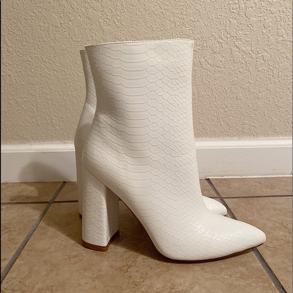 white faux snake ankle boot